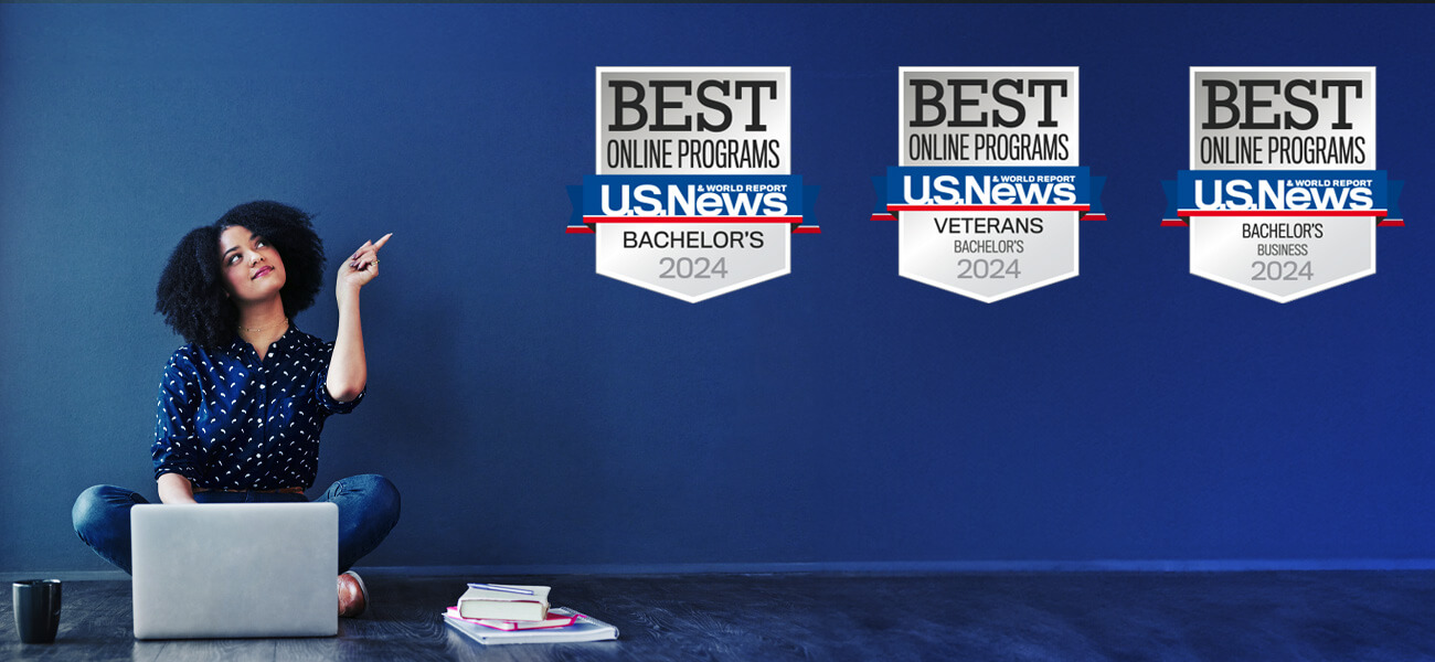 U.S. News world report badges Best online college for Bachelors, Veterans ad Bachelors business 2024