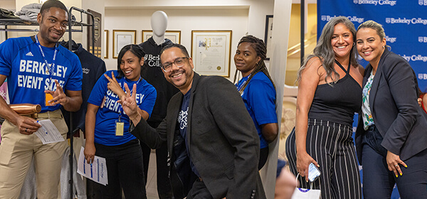 A group of people in Berkeley College attire pose together, showcasing camaraderie, with event-related merchandise in the background