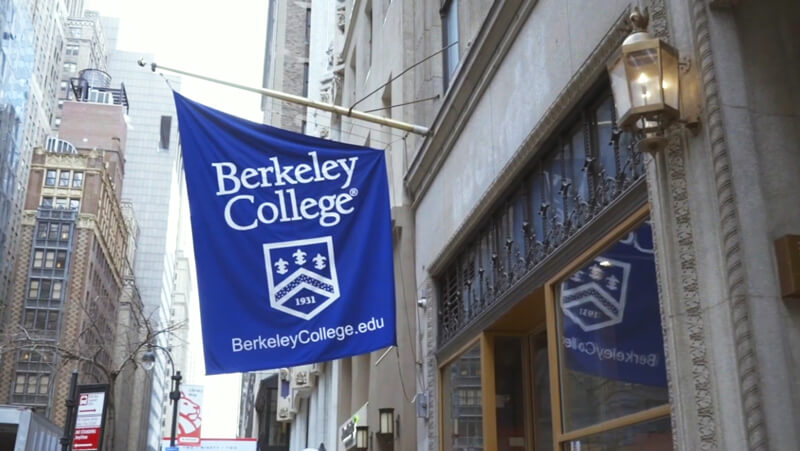 Front entrance of Berkeley College New York City campus, featuring contemporary design and landscaped surroundings