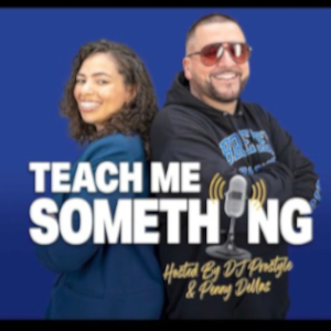 Headshot of Two hosts stand back to back against a blue background, promoting a podcast titled Teach Me Something.