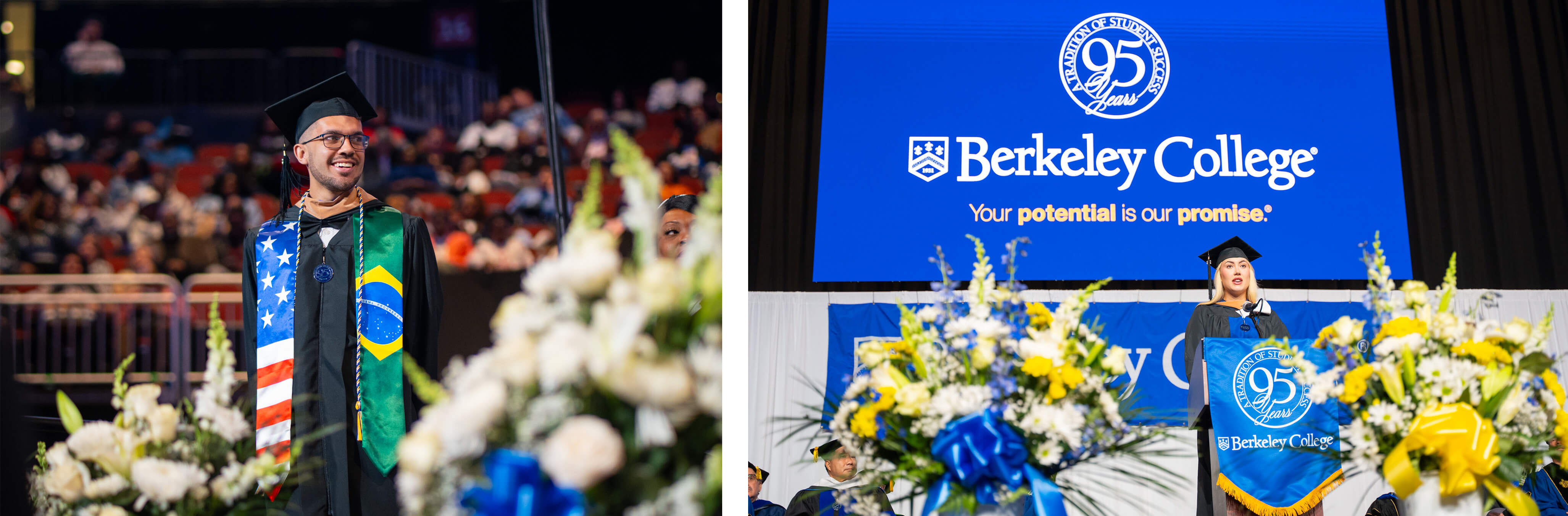 Graduates in regalia stand on a stage at the Berkeley College Commencement ceremony.