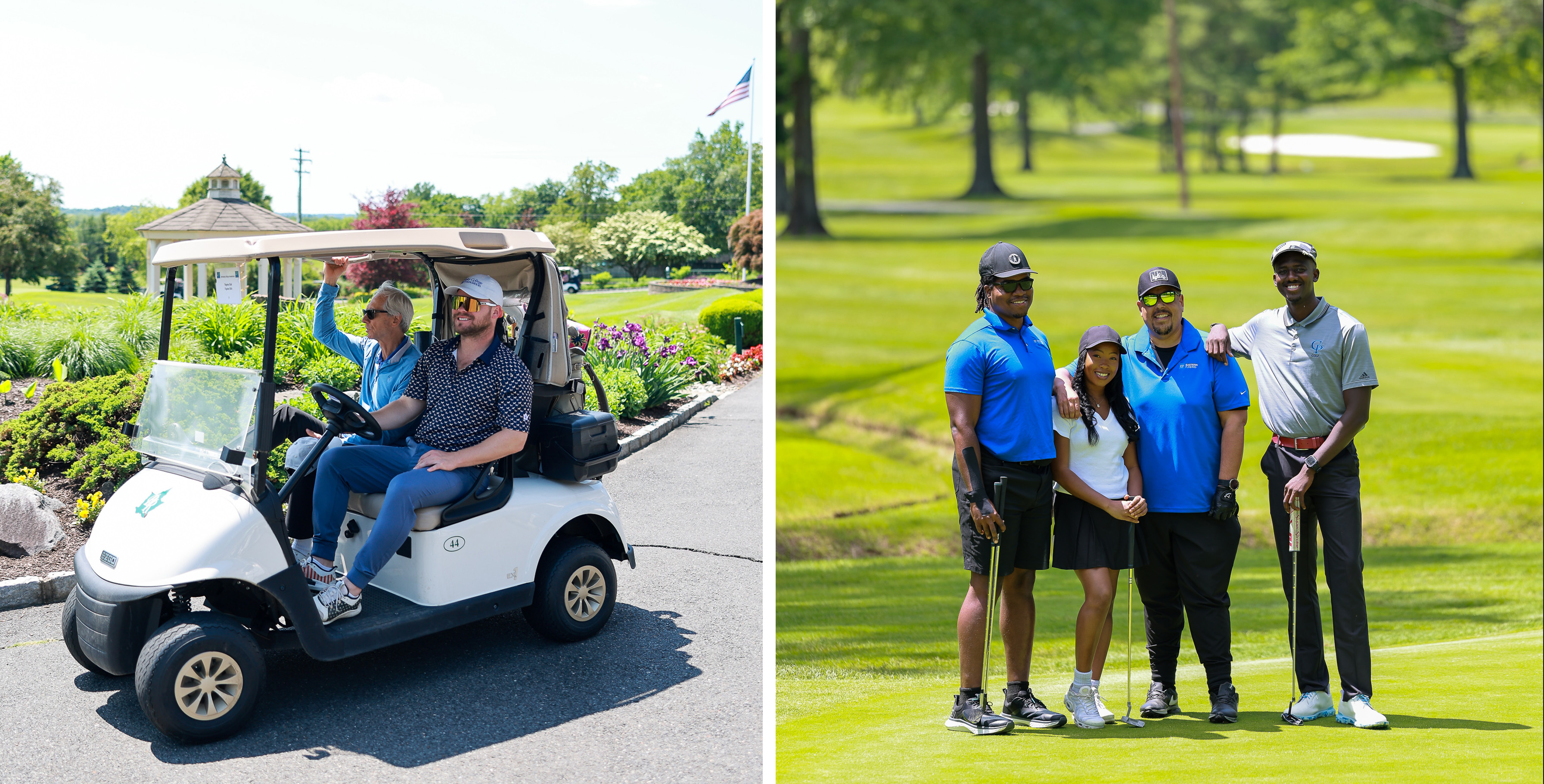 Golfers pose in a cart and on the green