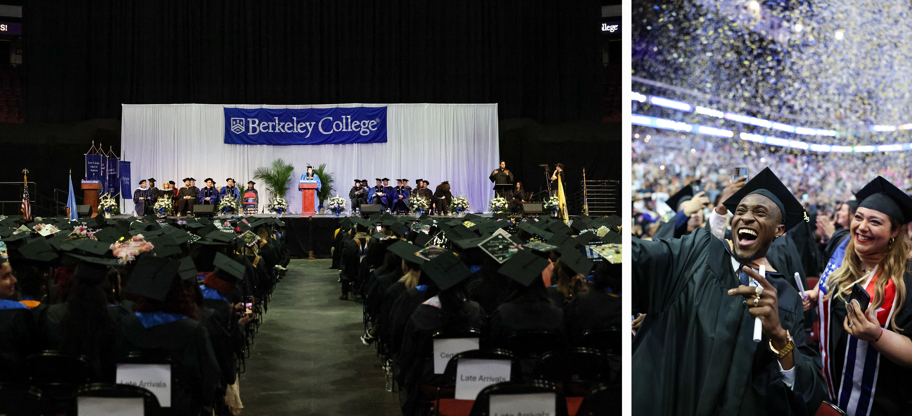 Berkeley Commencement sea of graduation caps and a male graduate celebrates amid confetti