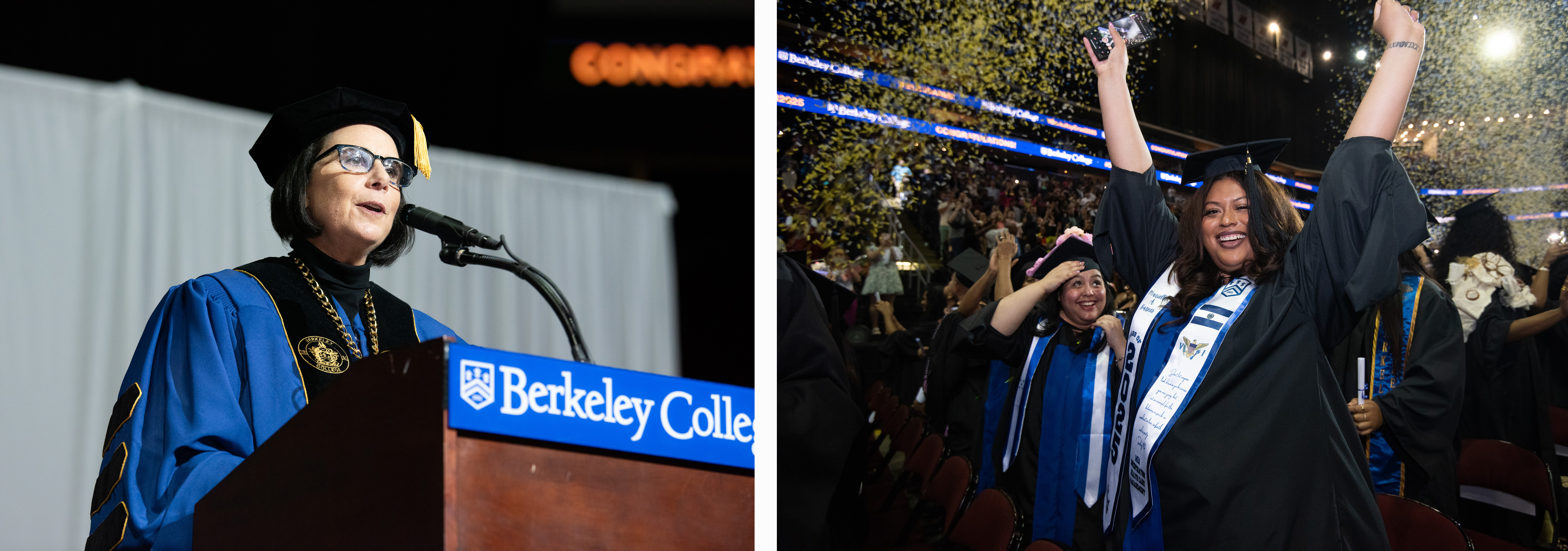 A woman stands in academic regalia at a podium labeled Berkeley College and graduates in caps and gowns celebrate amid confetti.