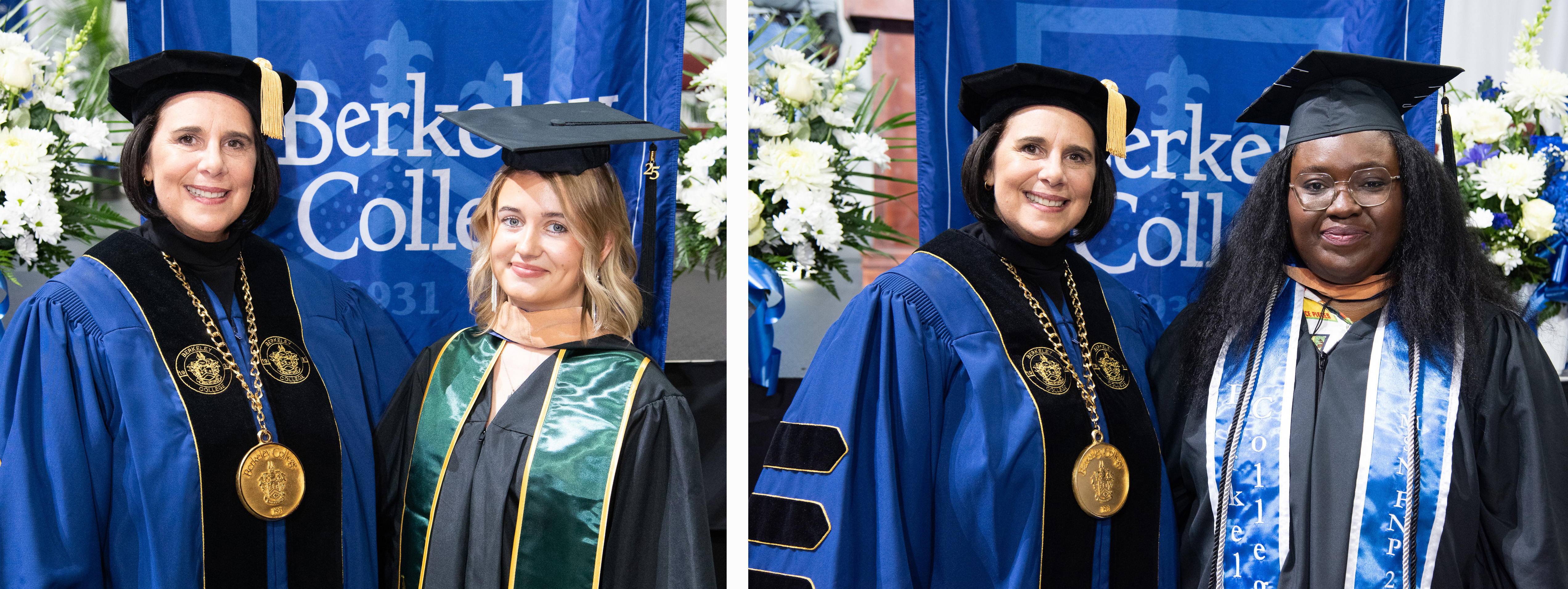 Two graduates pose together in academic regalia at a Berkeley College graduation ceremony, surrounded by flowers and a blue banner.