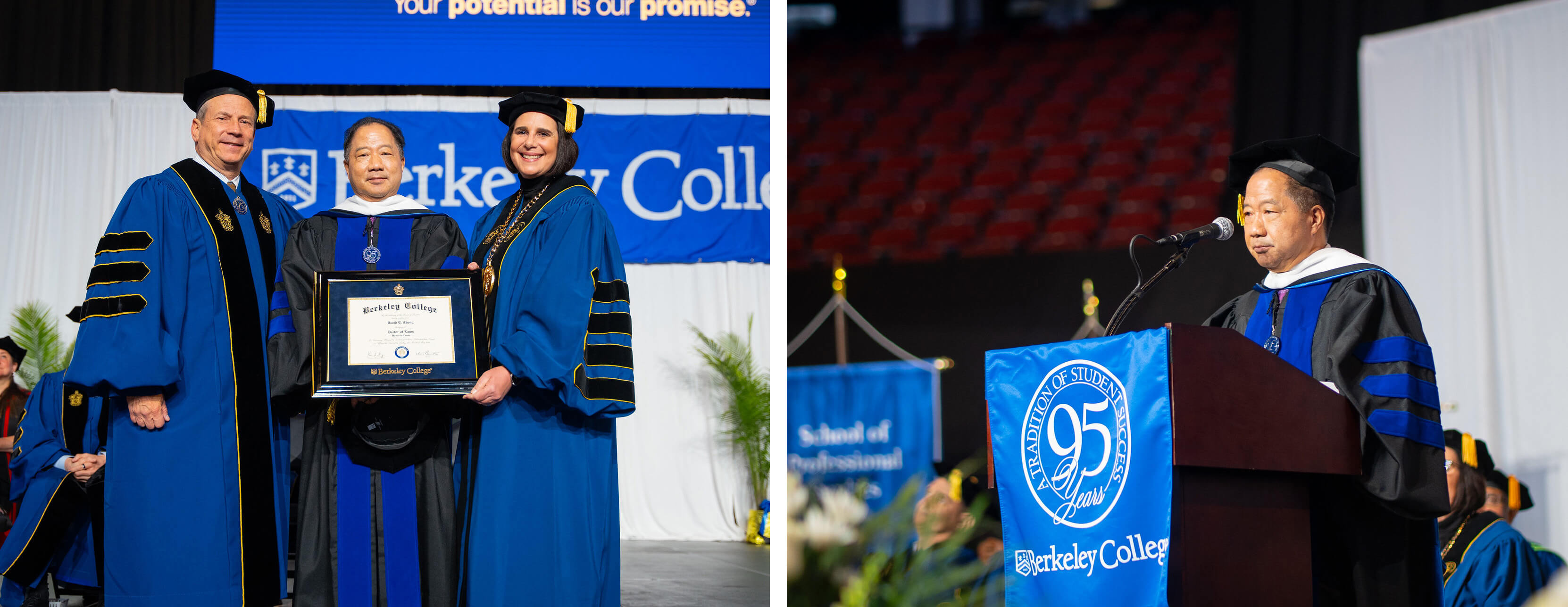 A man in academic regalia hold a diploma and a speaker addresses the audience at a Berkeley College graduation ceremony.