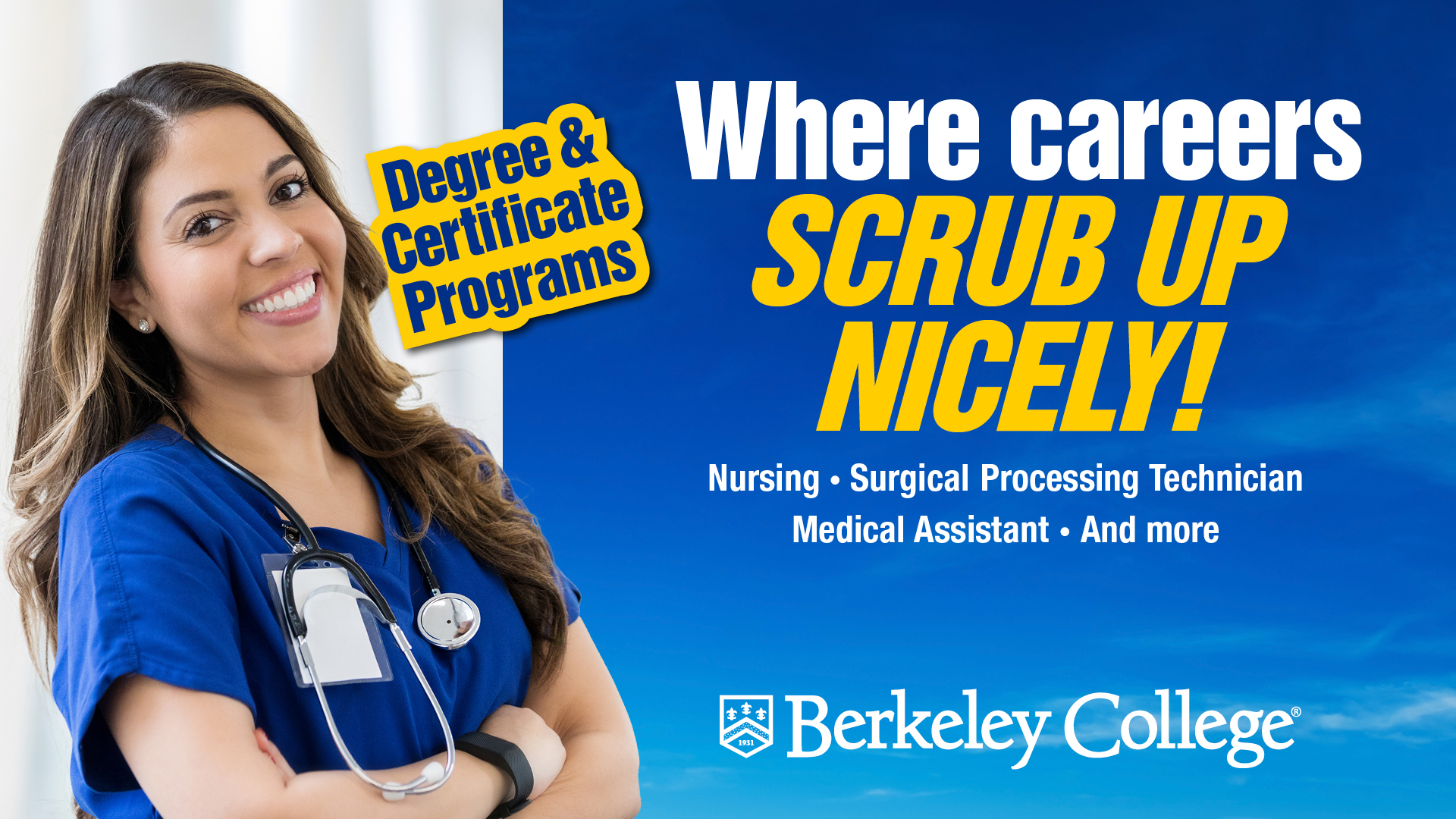 A woman smiles with text saying "Where careers scrub up nicely"