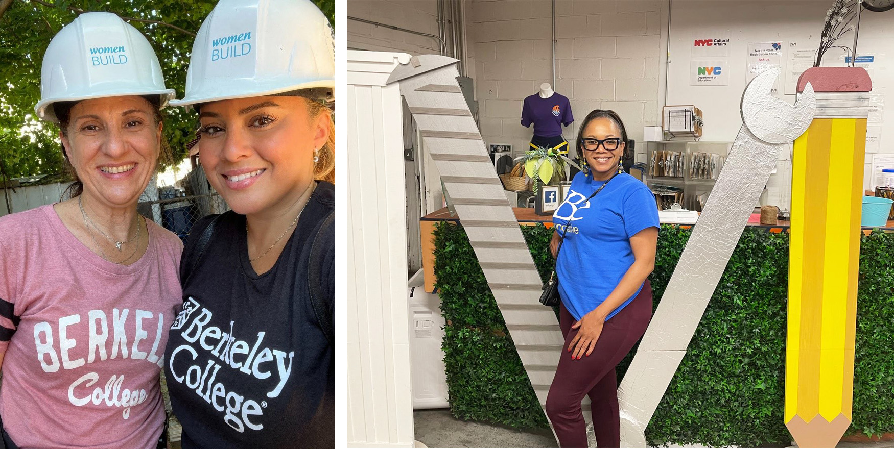 A woman stands in front of a large M sign and two women wear hard hats