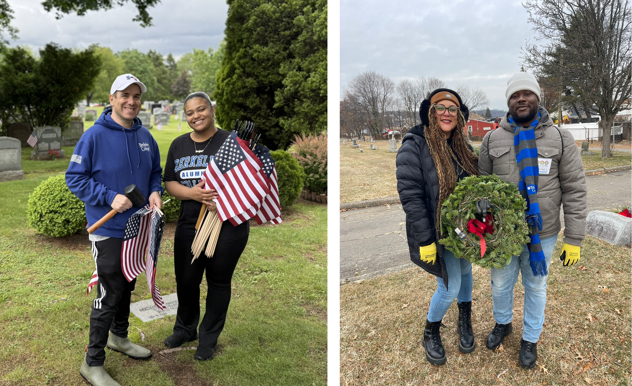 men and women hold american flags and wreaths