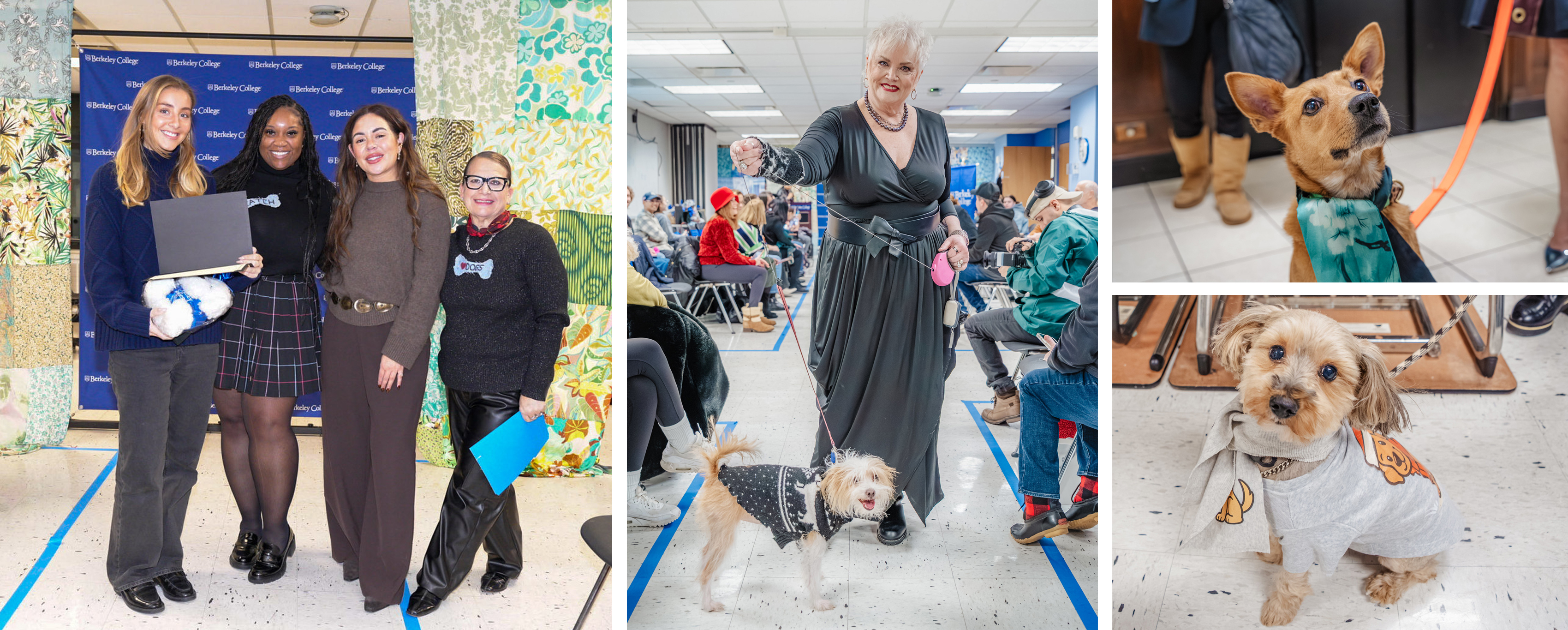 A group stands with a student holding a certificate. Models and dogs walk the ruwnay.