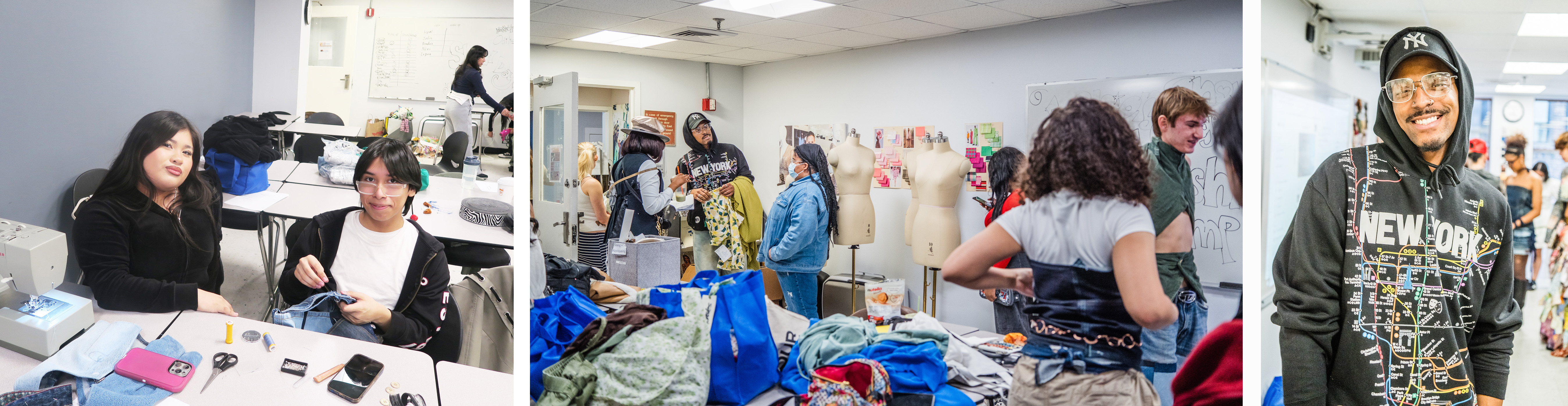 High school students prepare upcycled garments with a sewing machine