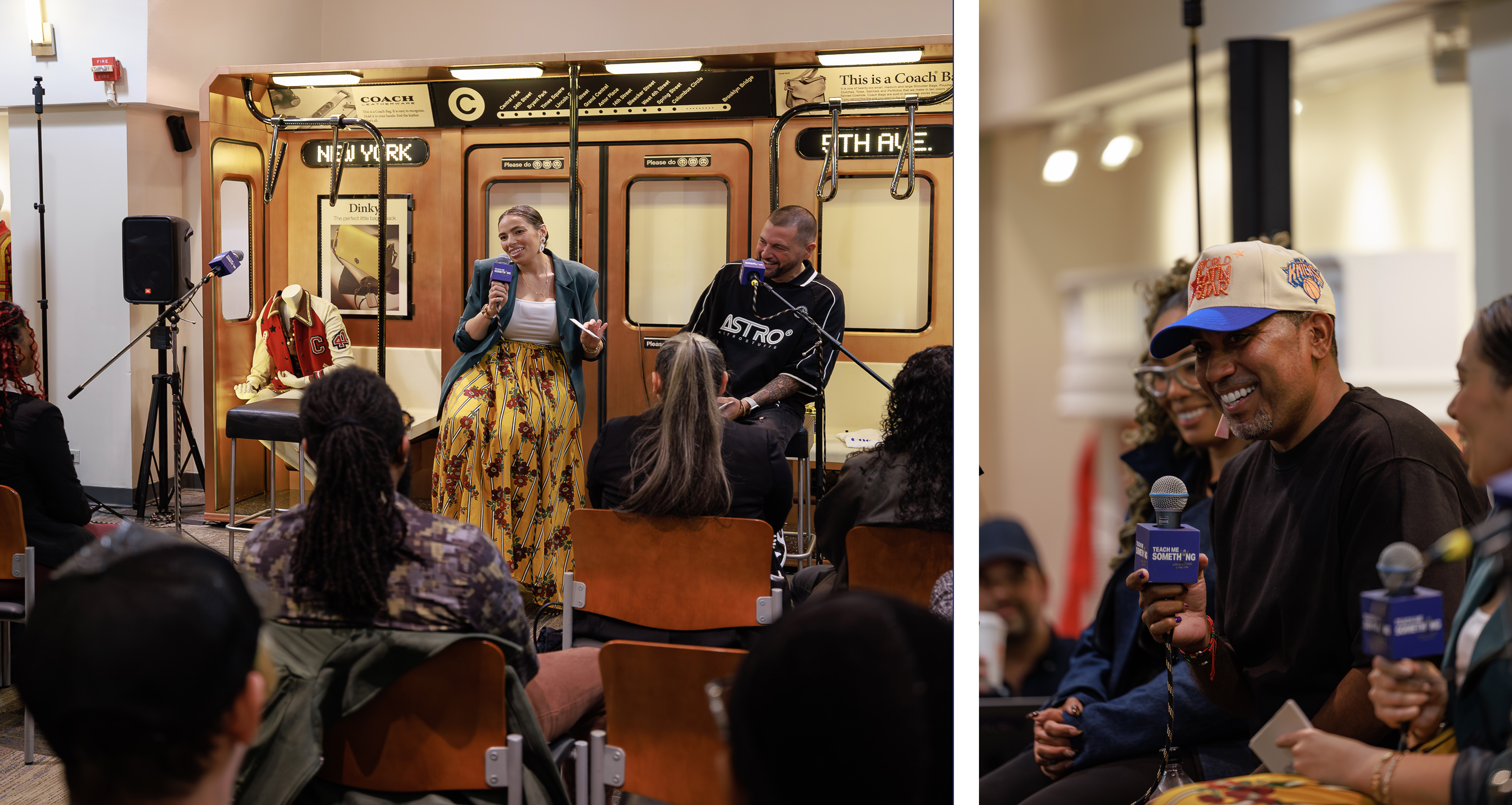 A man and a woman speak into microphones, a man with a hat speaks into a microphone