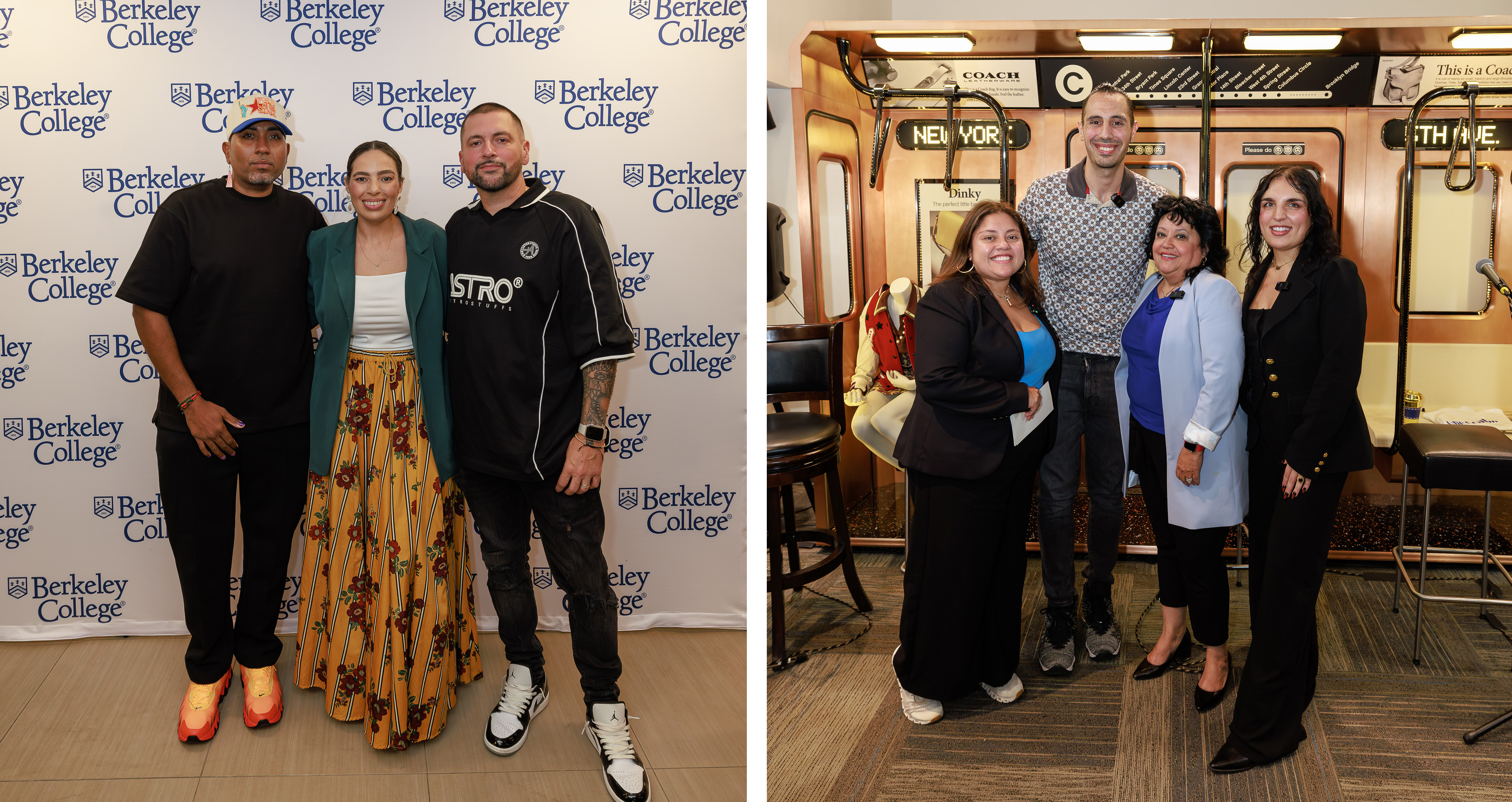 Two groups of people pose and smile