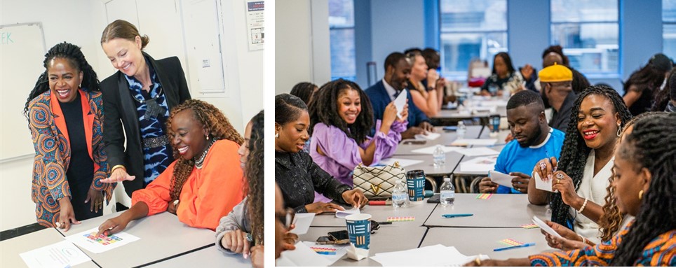 Left: Three women smile. Right: A group of people smile and participate in a workshop activity.
