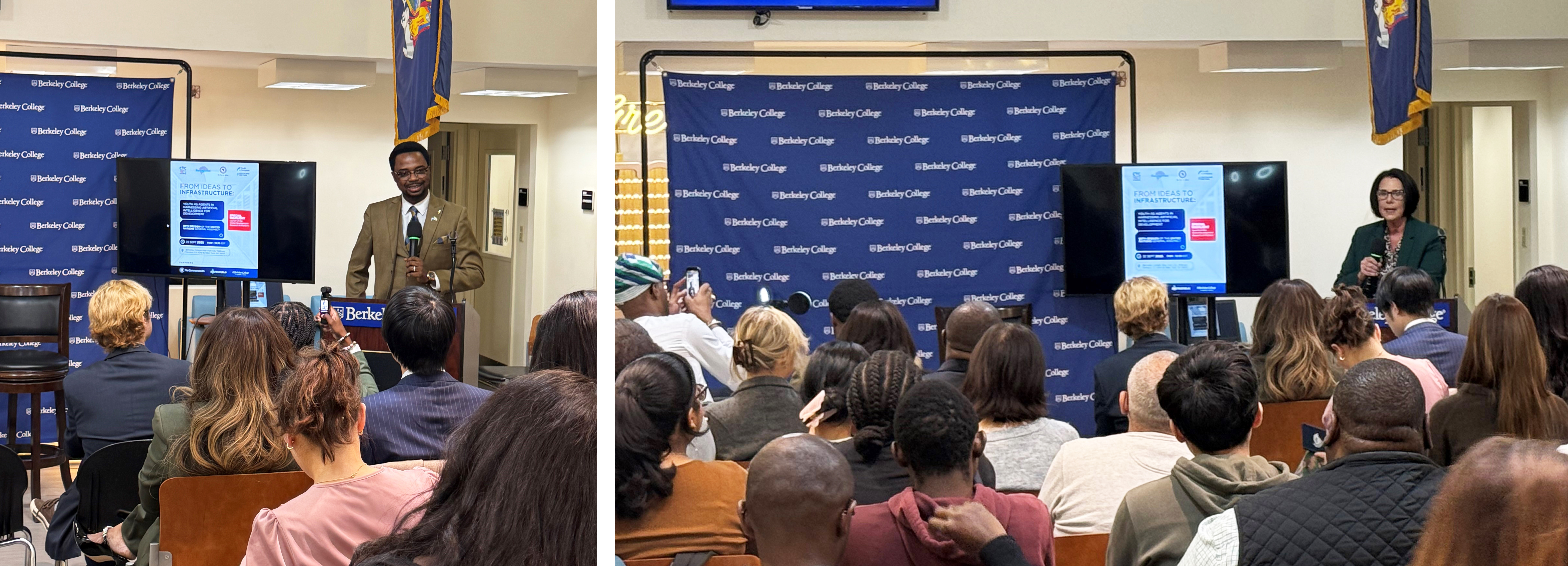 a man and a woman speak at a podium in front of an audience