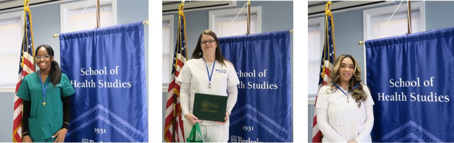 Three women stand by the United States flag.