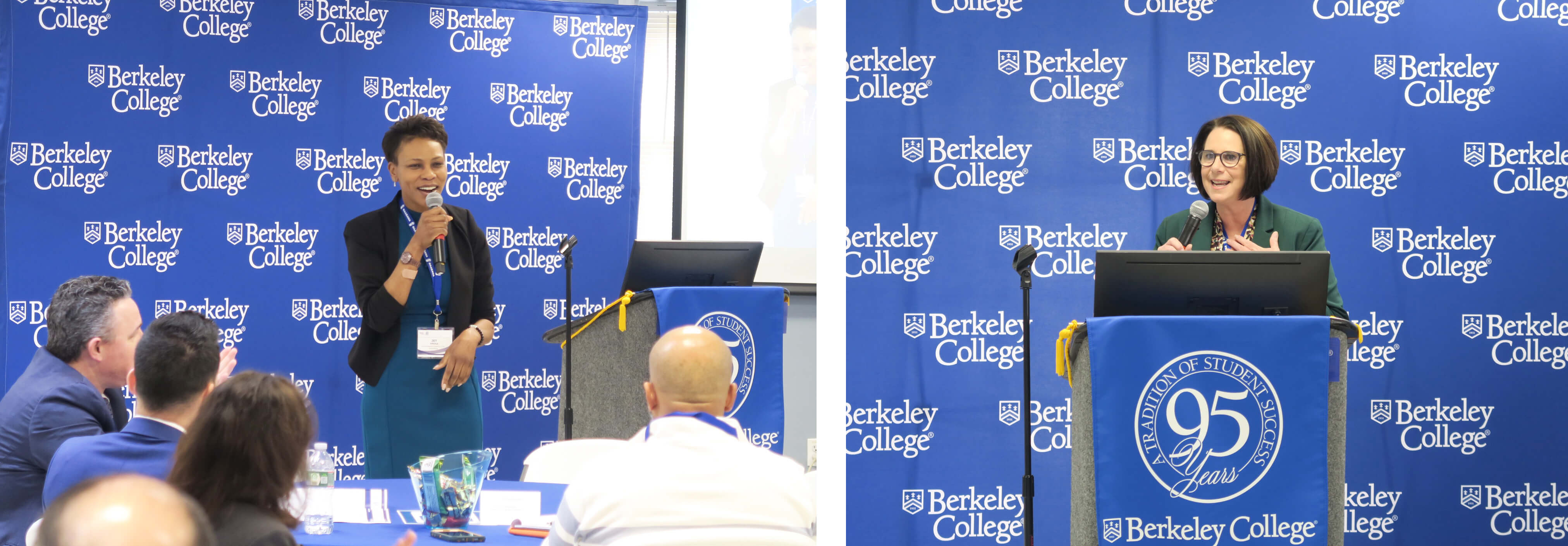 Two women speaking at a Berkeley College event, with audience members visible and a branded backdrop.