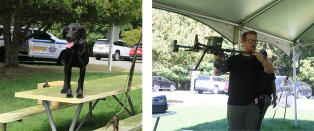 Left: A black Labrador retriever stands on a picnic table. Right: A man in glasses and a black T-shirt holds a surveillance drone.