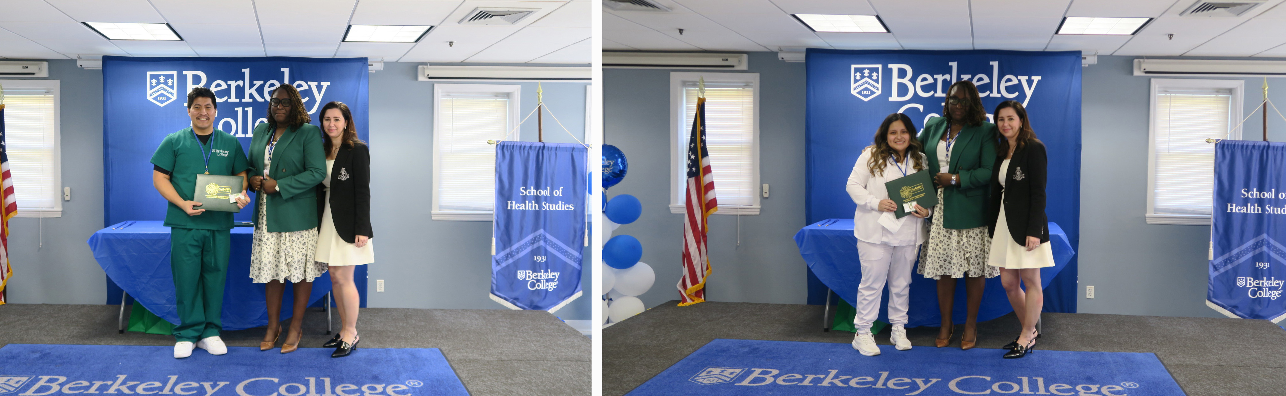 Photo Captions: (Left) Bachelor of Science in Nursing graduate and U.S. Army veteran Steven Alonzo of Tuxedo Park, NY, receives the Daisy Award. (Right) Practical Nurse graduate Jessica Carchi of Hackensack, NJ, receives the Daisy Award at the nurse pinning ceremony at Berkeley College in Woodland Park, NJ, on Friday, April 18, 2025. Pictured (L to R) next to Alonzo and Carchi are Camile Richards, RN, Professor, Nursing, Berkeley College School of Health Studies and Caterina Sousa, RN, FNP-C, Program Director, Master of Science in Nursing, Berkeley College School of Health Studies.