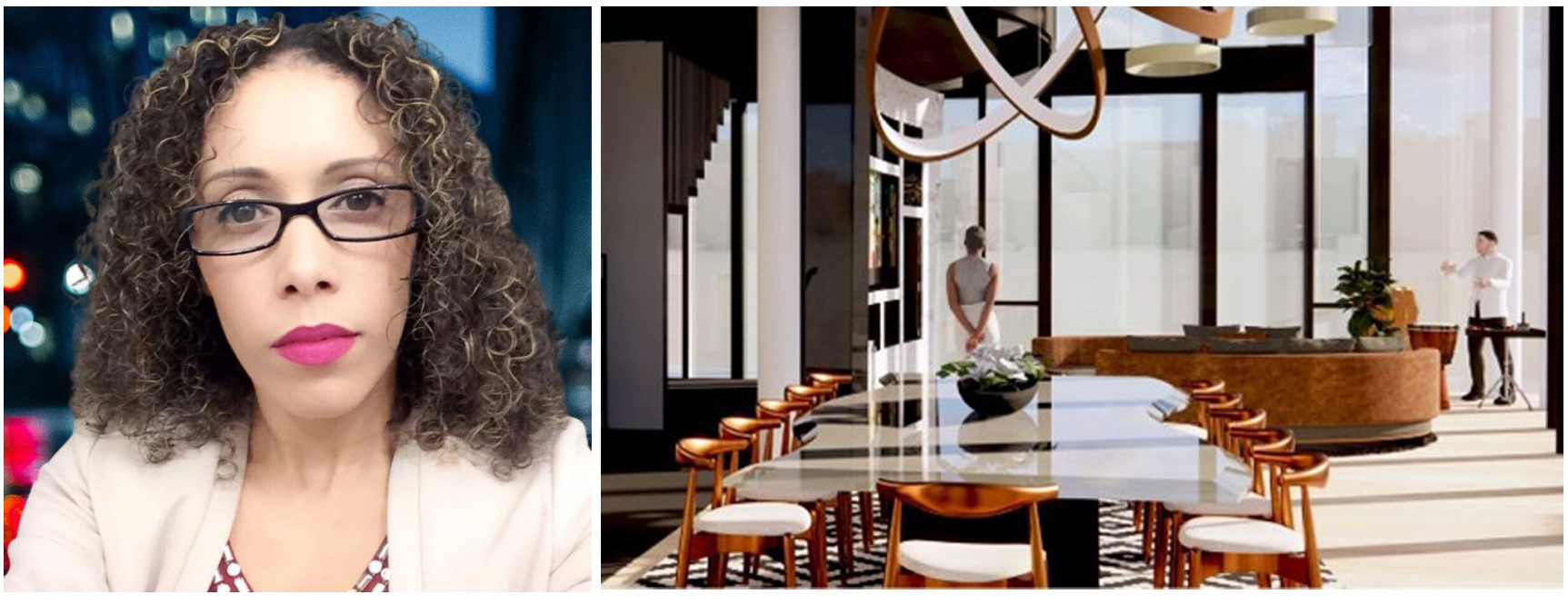A woman with glasses smiling on the left. A rendering of a penthouse with table and chairs on the right.