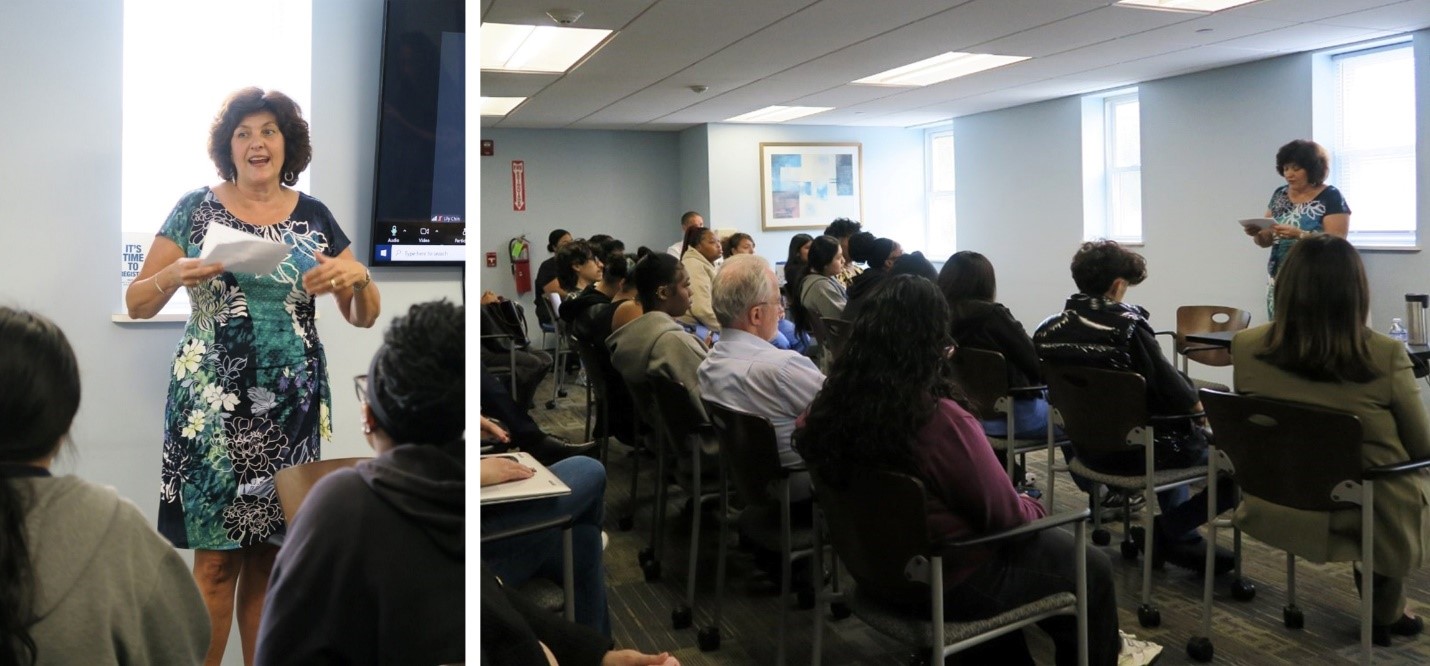 Left: A woman stands a speaks. Right: A woman delivers a speech to a diverse audience