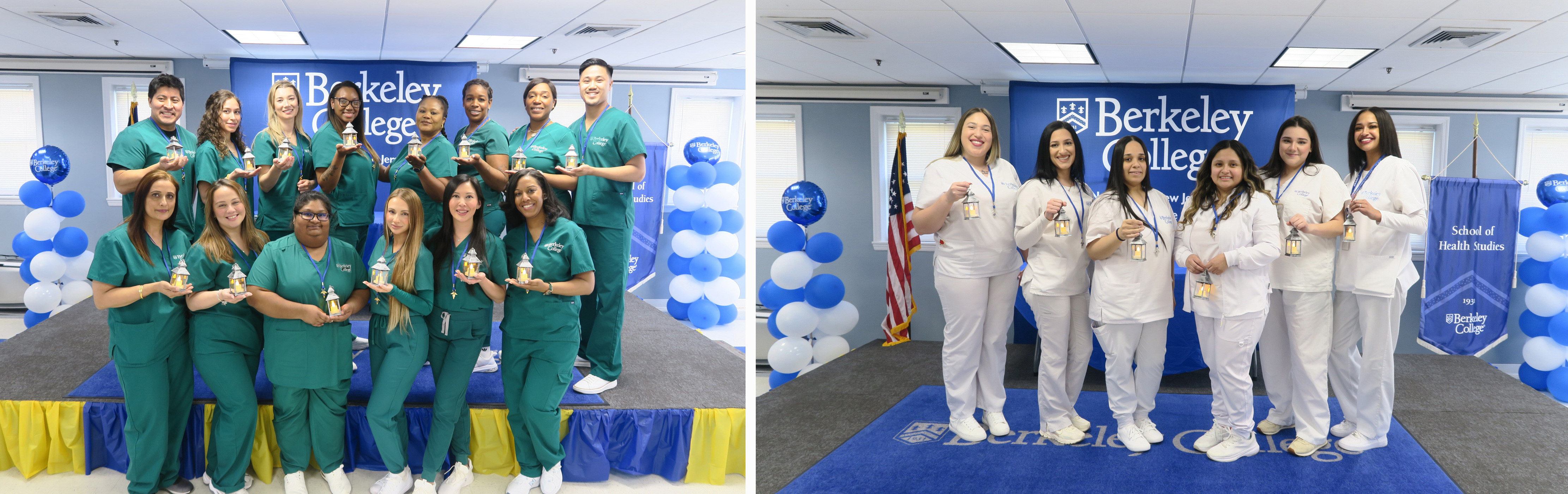(Left) Licensed Practical Nurse to Bachelor of Science in Nursing (LPN to BSN) graduates and (right) Practical Nurse graduates celebrate their nurse pinning ceremony at Berkeley College in Woodland Park, NJ, on Friday, April 18, 2025.