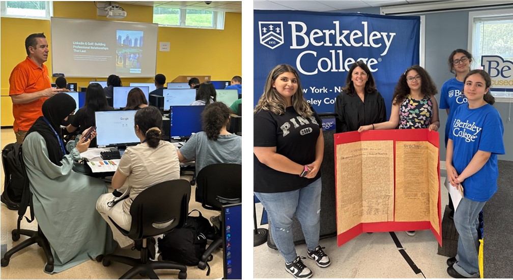 Students sit at computers on the left; students stand with a trifold poster of the Constitution on the right