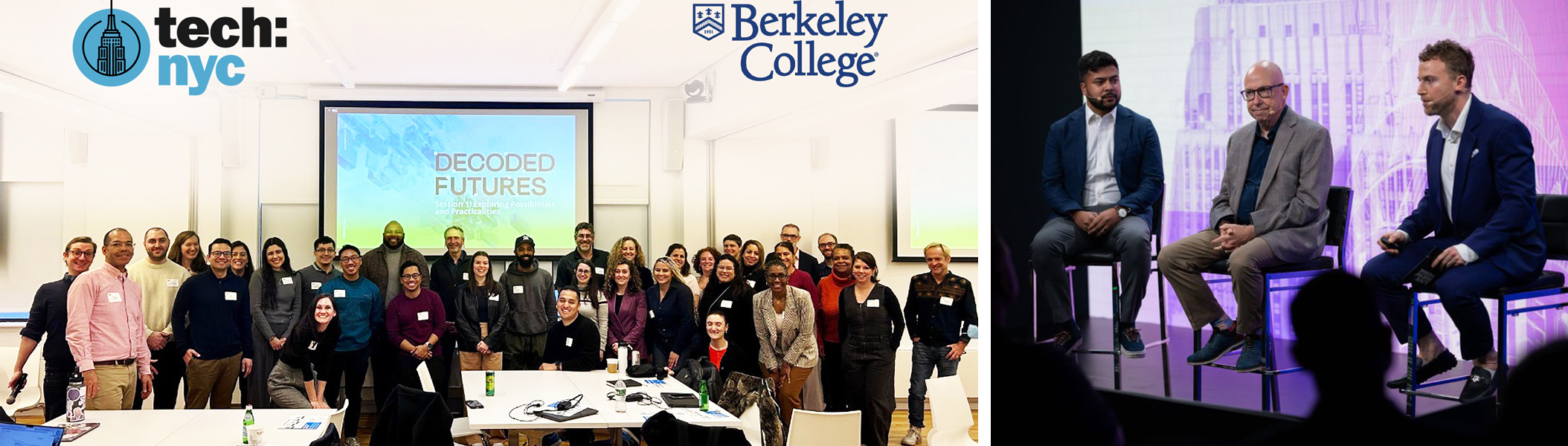 Two men sit in chairs on a stage