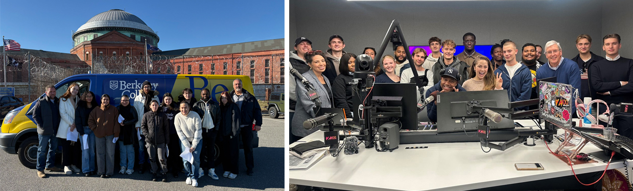 A group of students stand in front of the berkeley bus