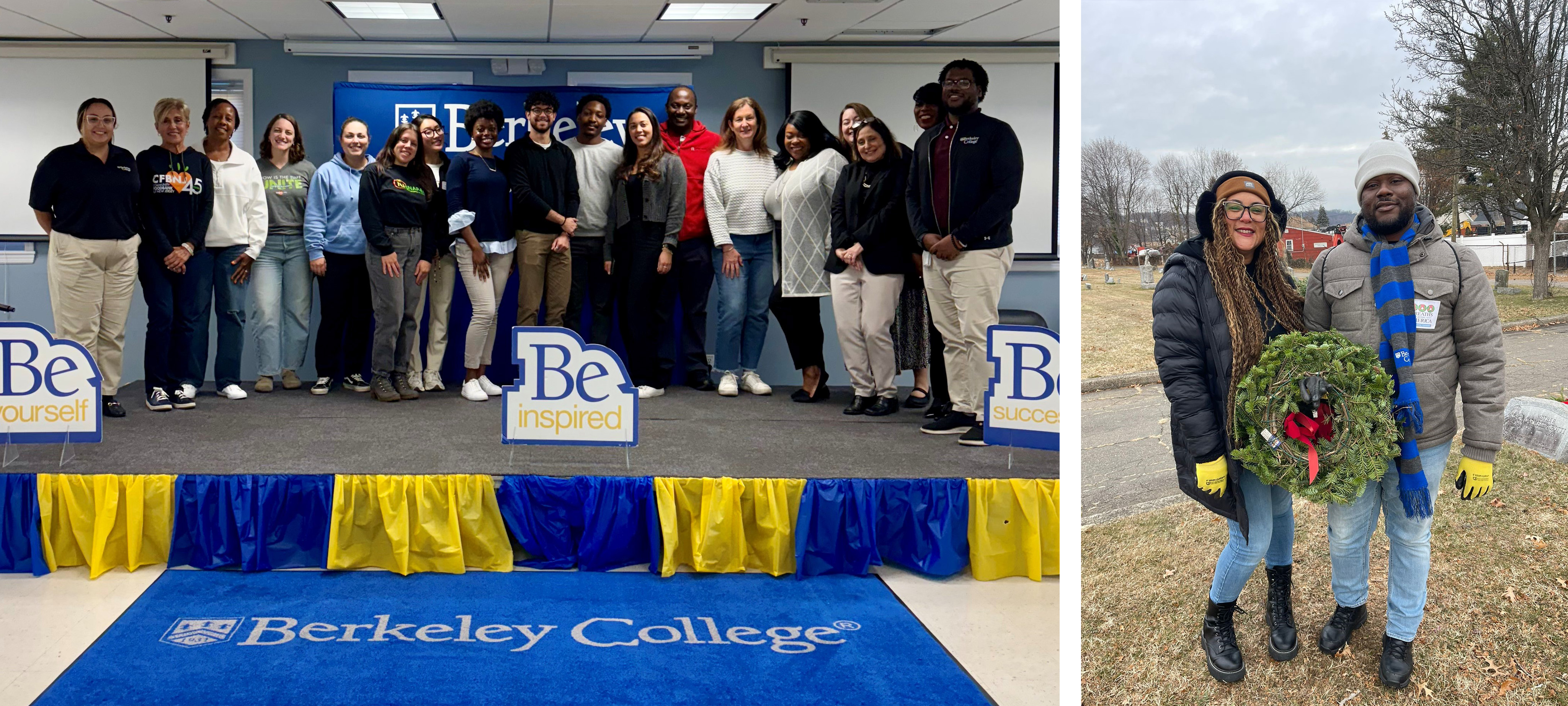 A group of men and women stand on a stange