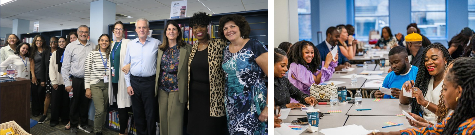 A group of men and women smile